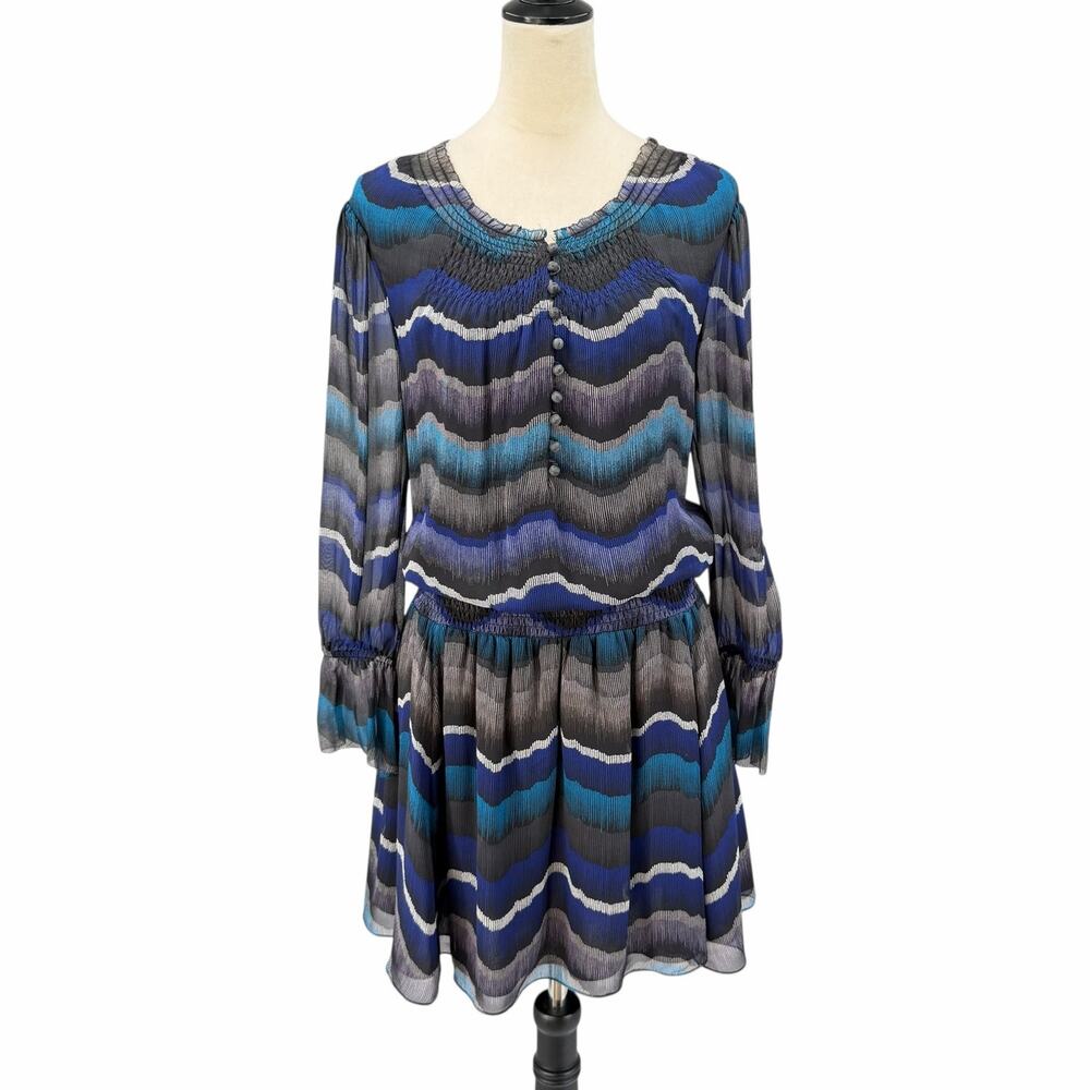 Diane von Furstenberg Kelley Peacock Blue Silk Smocked Waist Long Sleeve Dress
